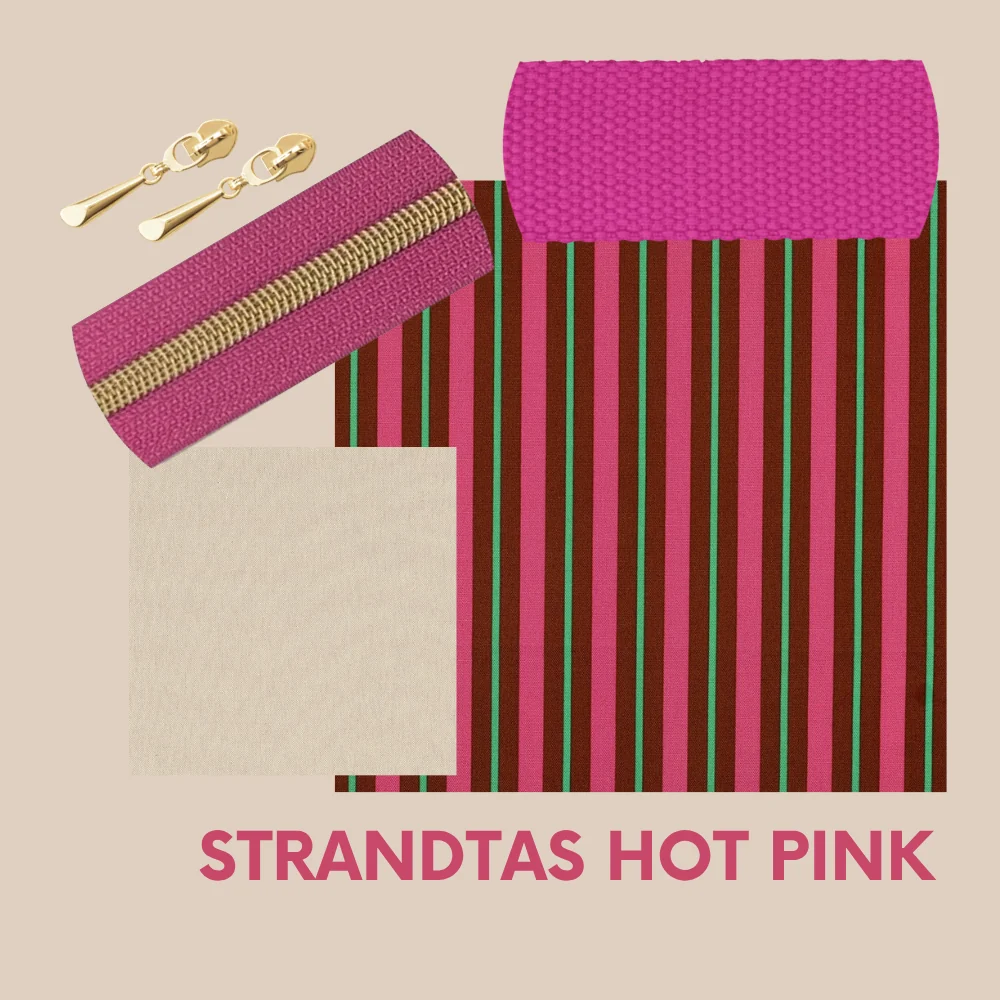 Pakket strandtas + etui strepen hot pink